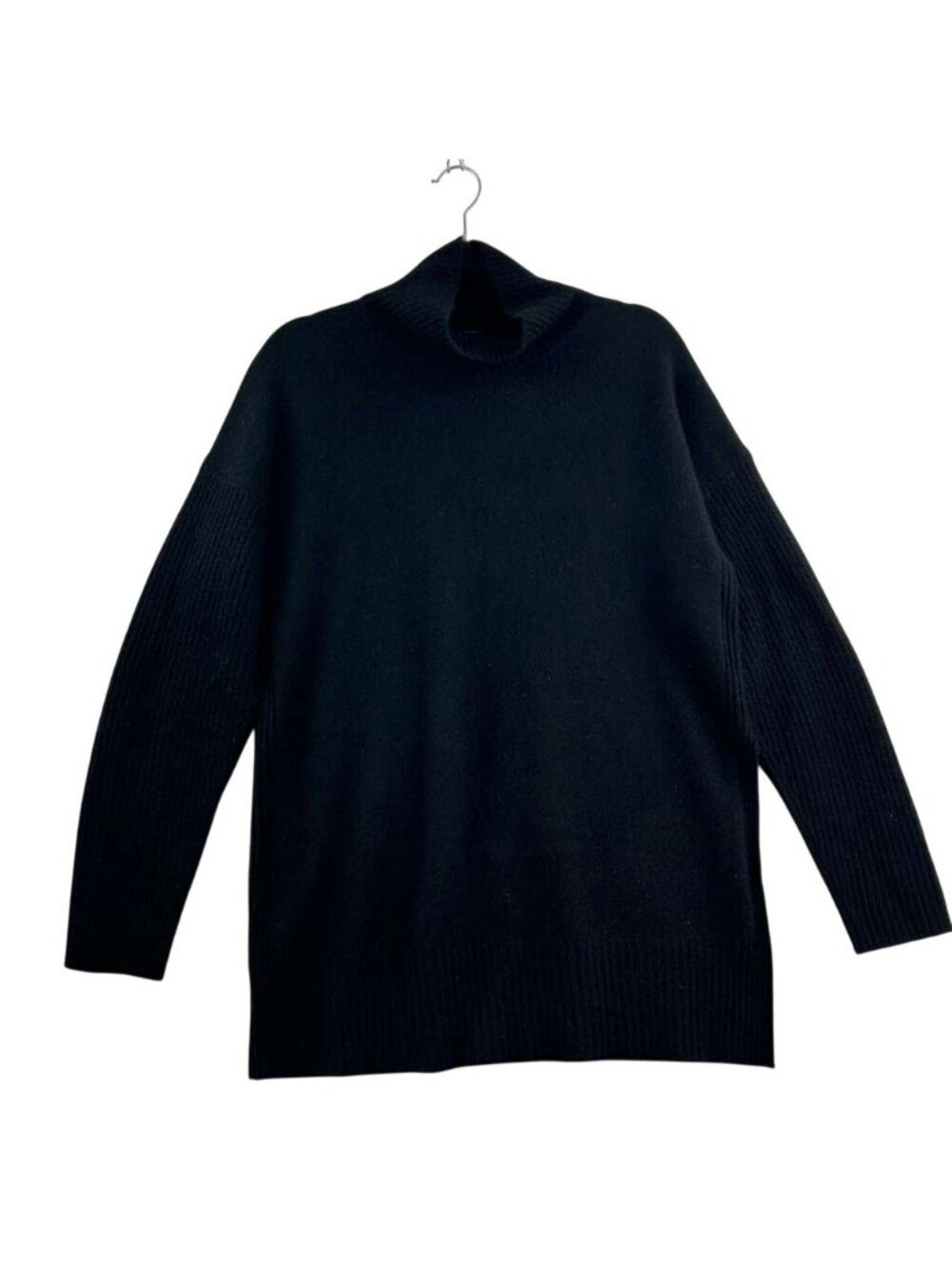 Ann Taylor Sweater Women's M Black 100% Cashmere Ribbed Mock Neck Side Slits